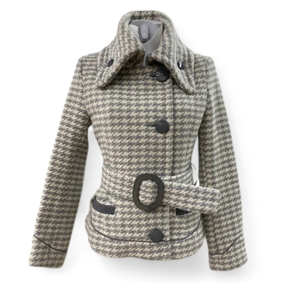 SOIA & KYO Funnel Neck Wool Houndstooth Belted Asymmetrical Coat Jacket Gray XS - Picture 1 of 14